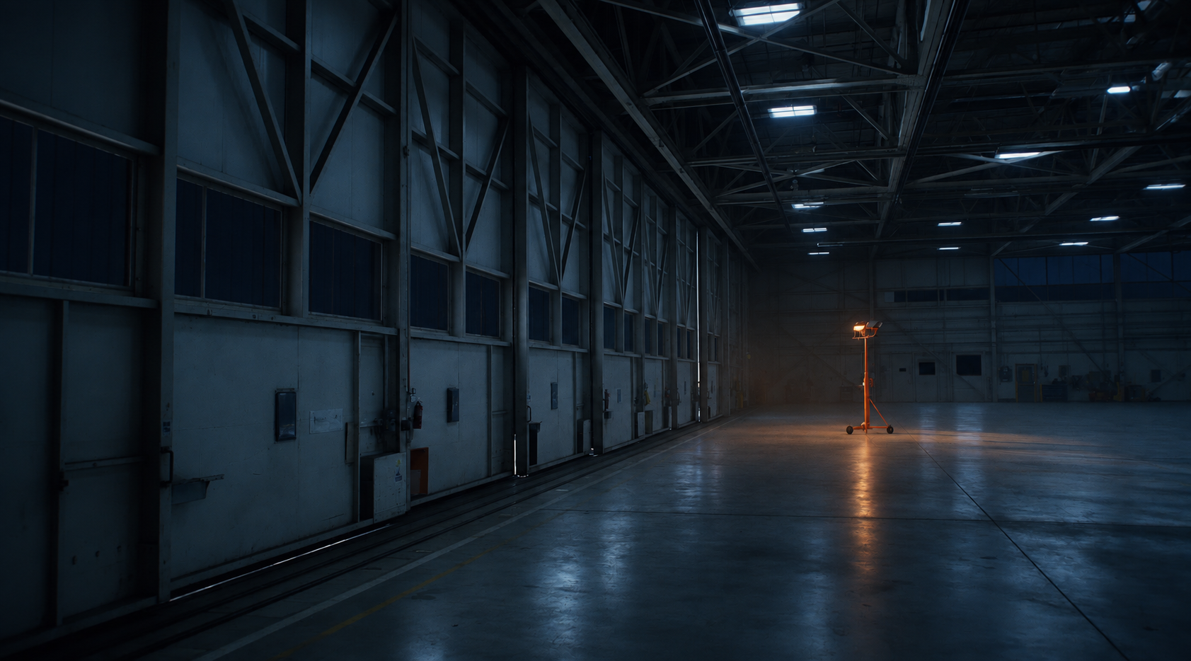 Hangar à noite, um único ponto de luz no portão.