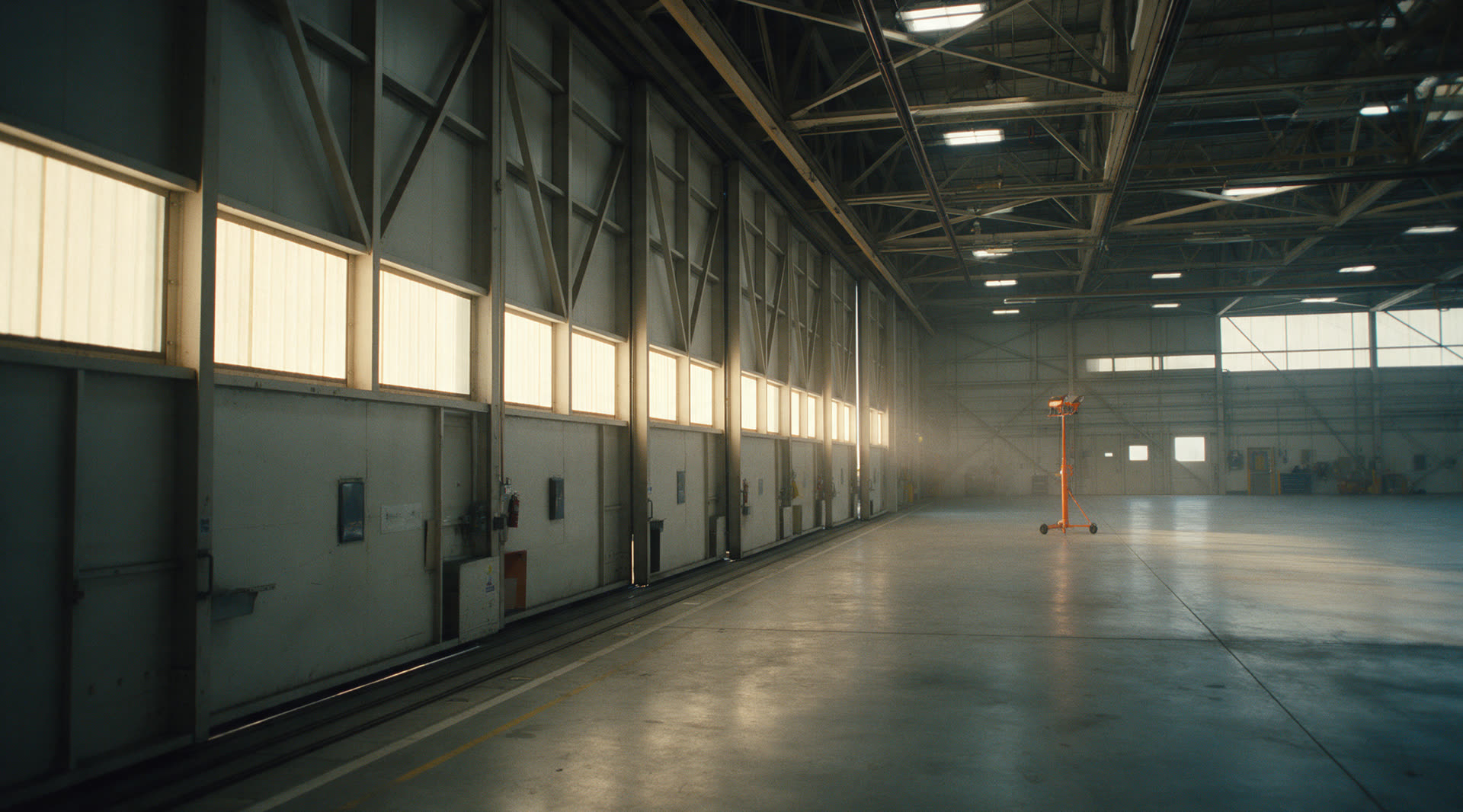 Hangar à noite, um único ponto de luz no portão.